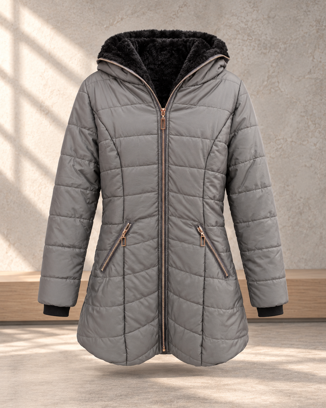 Hooded long-sleeved warm and velvet cotton jacket — Grey