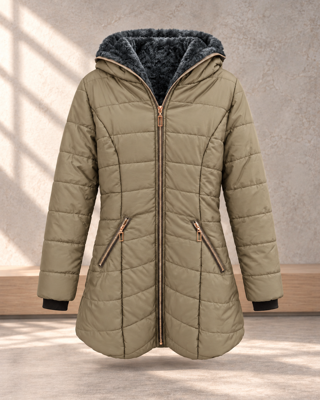 Hooded long-sleeved warm and velvet cotton jacket — Khaki