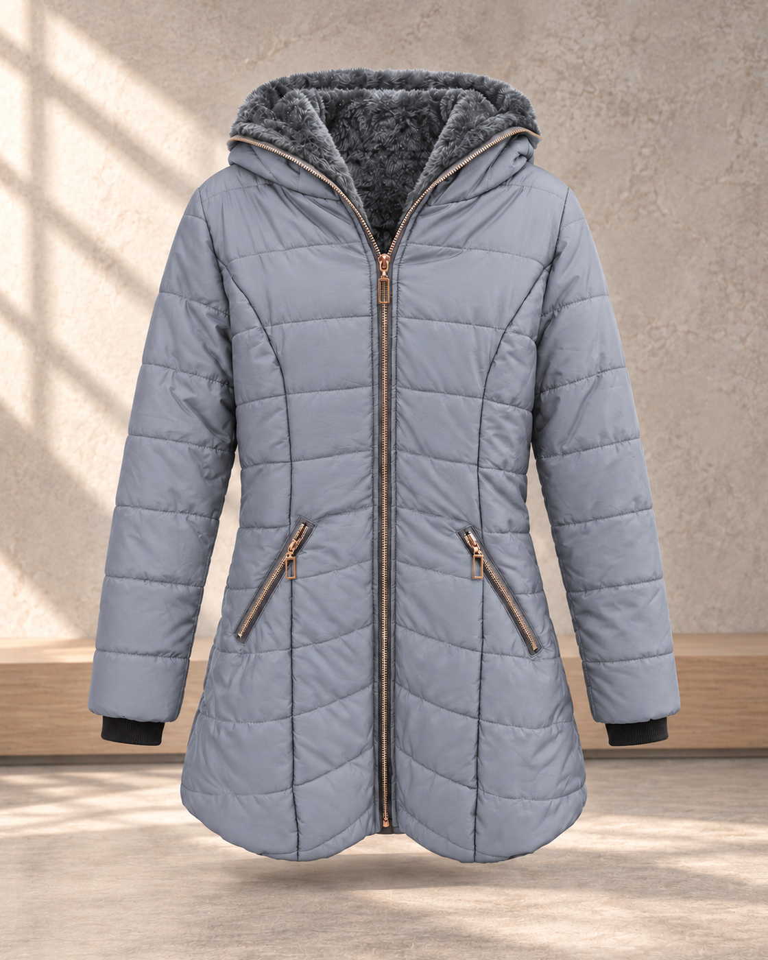 Hooded long-sleeved warm and velvet cotton jacket — Light gray