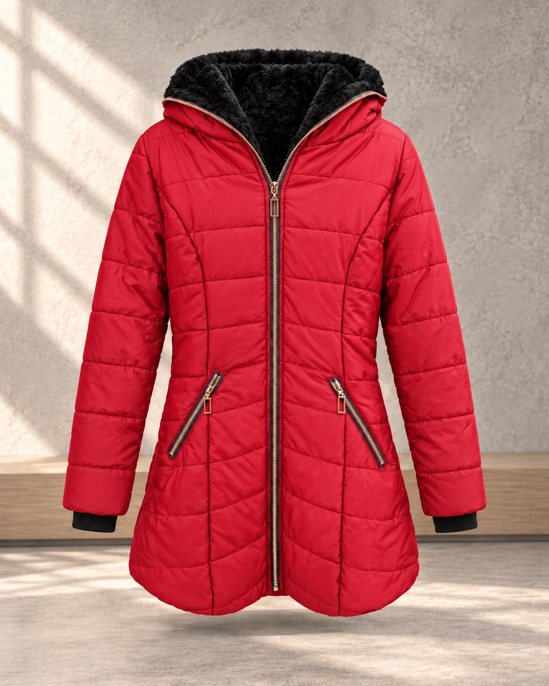 Hooded long-sleeved warm and velvet cotton jacket — Red