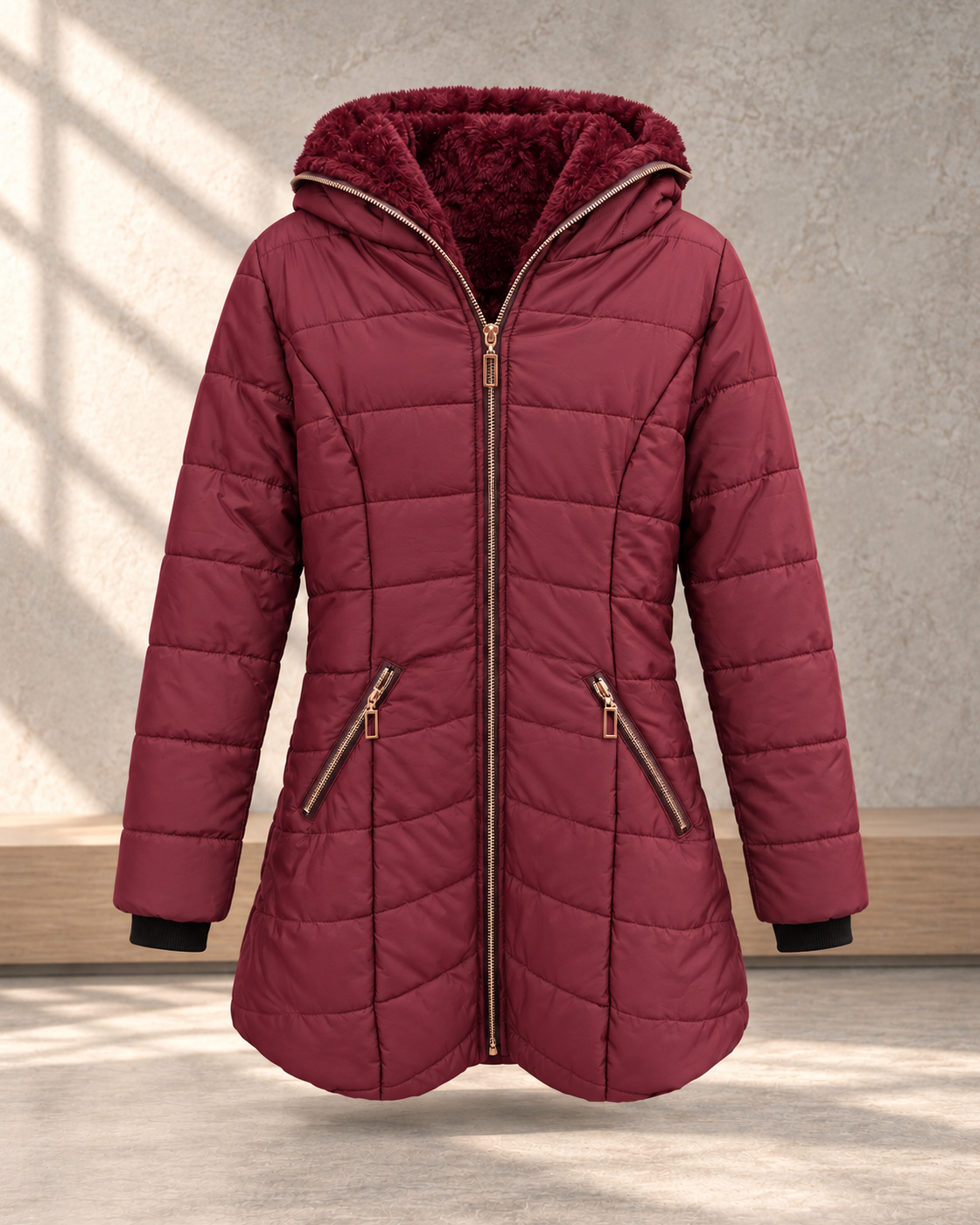 Hooded long-sleeved warm and velvet cotton jacket — Wine red