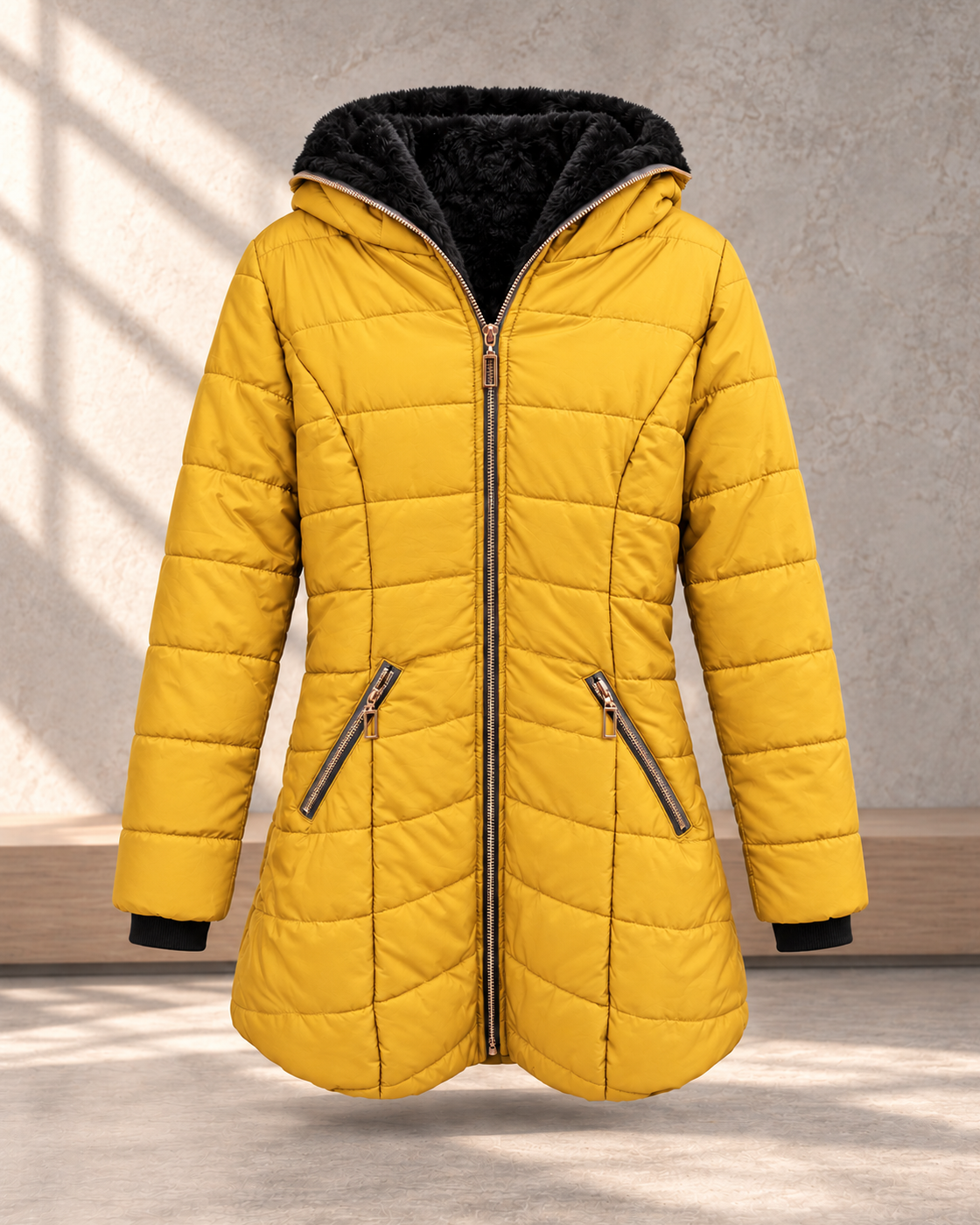 Hooded long-sleeved warm and velvet cotton jacket — Yellow