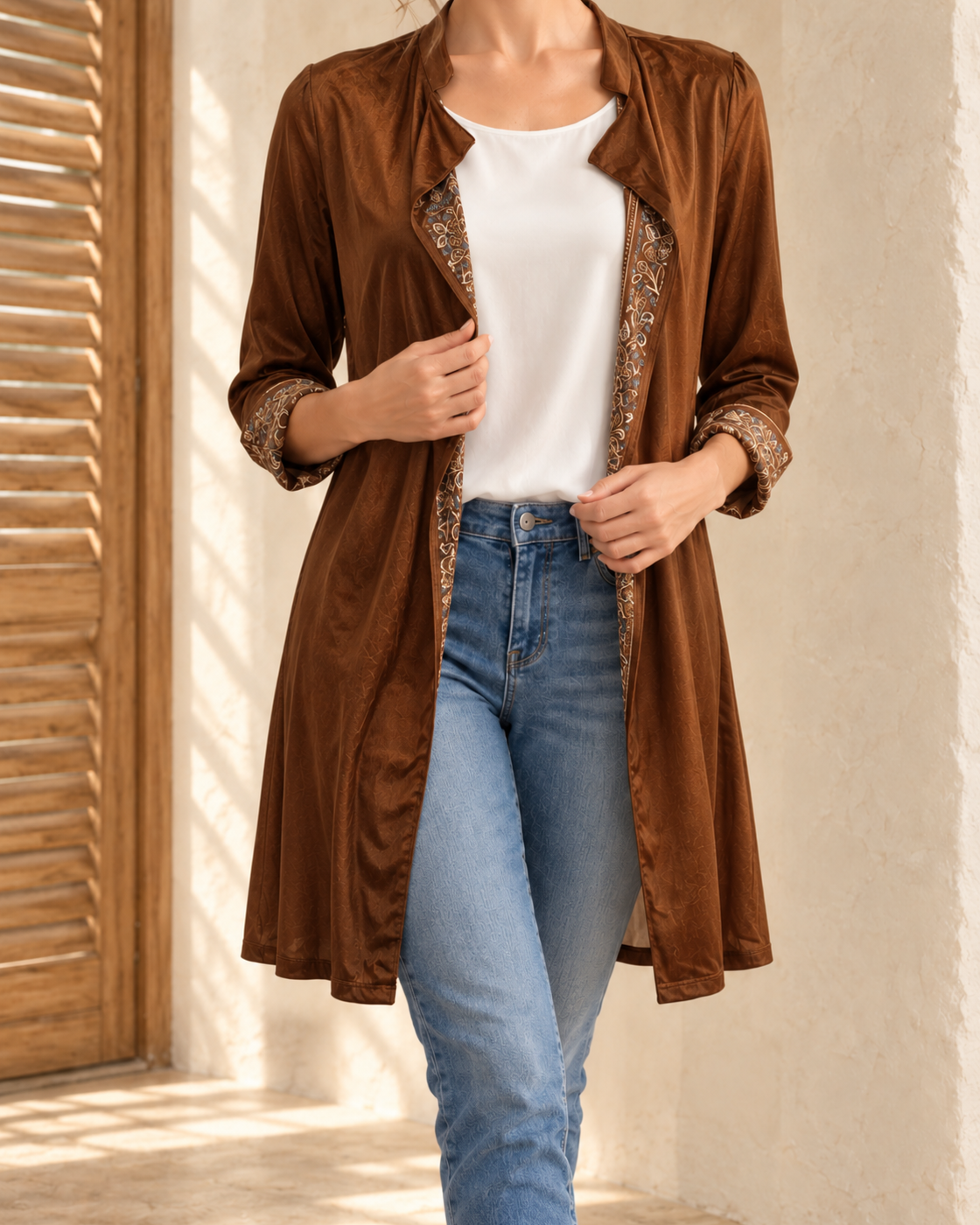 Long Sleeve Solid Color Stitching Lace Pleuche Coat — BROWN YELLOW