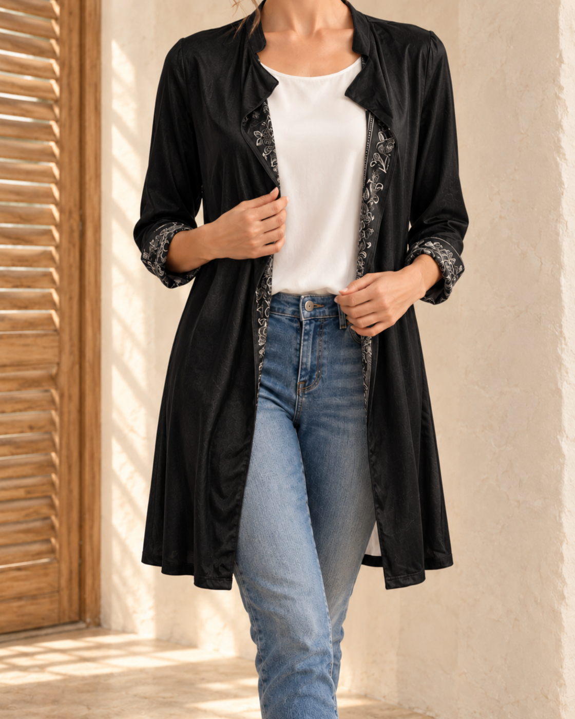 Long Sleeve Solid Color Stitching Lace Pleuche Coat — Black