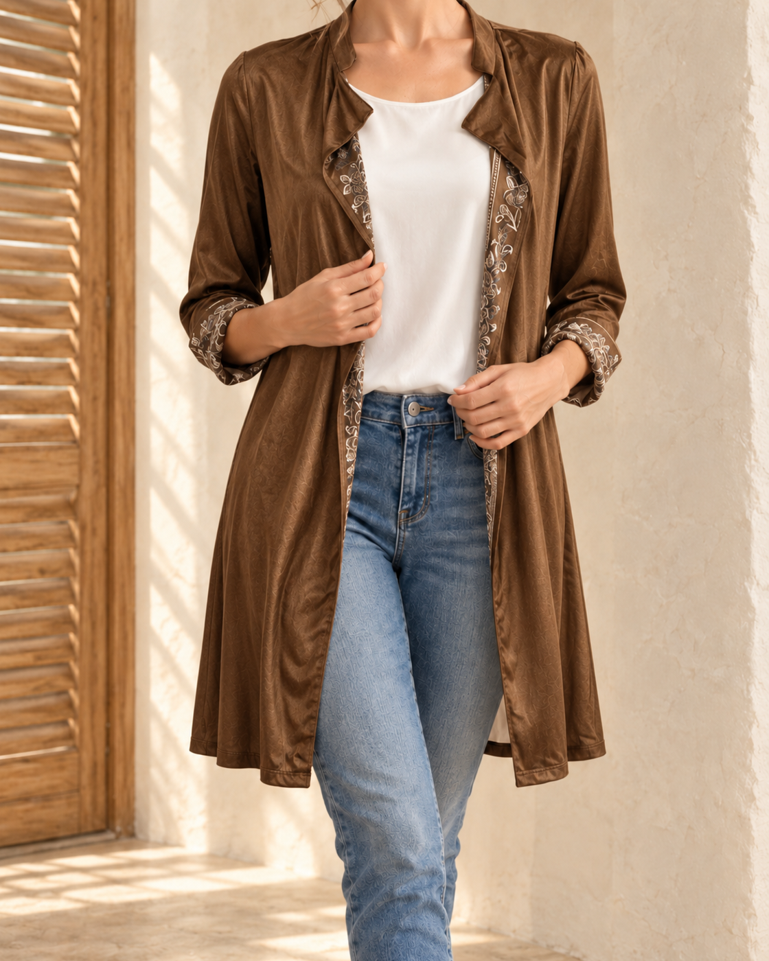 Long Sleeve Solid Color Stitching Lace Pleuche Coat — Camel color