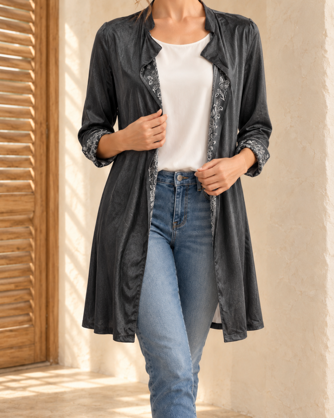 Long Sleeve Solid Color Stitching Lace Pleuche Coat — Dark Grey