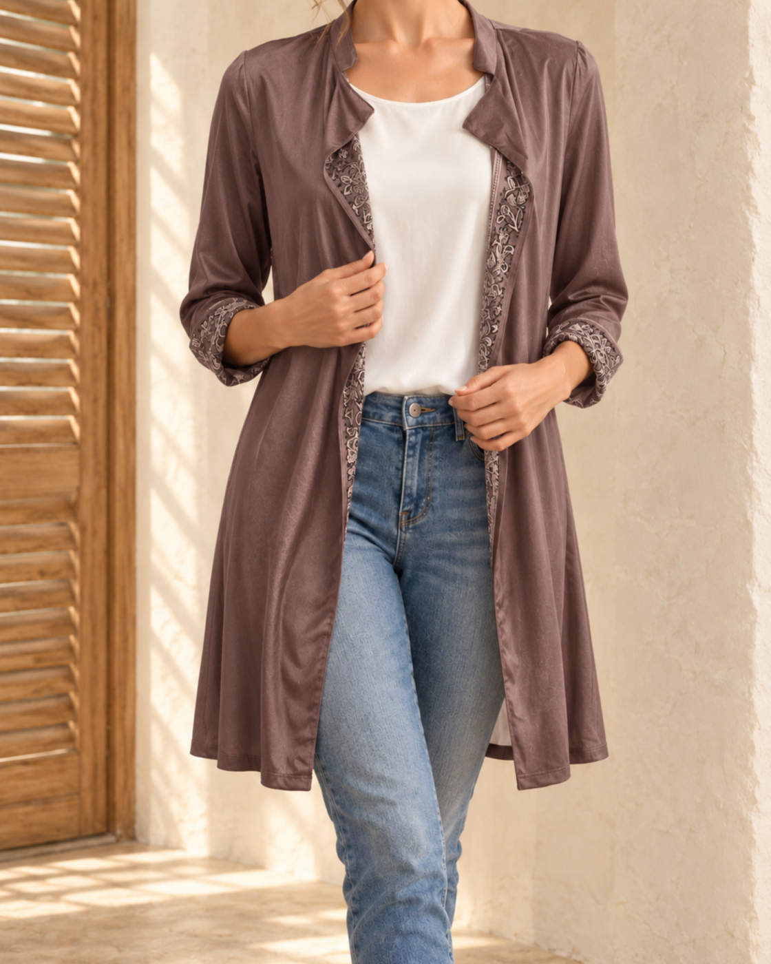 Long Sleeve Solid Color Stitching Lace Pleuche Coat — Lotus root color