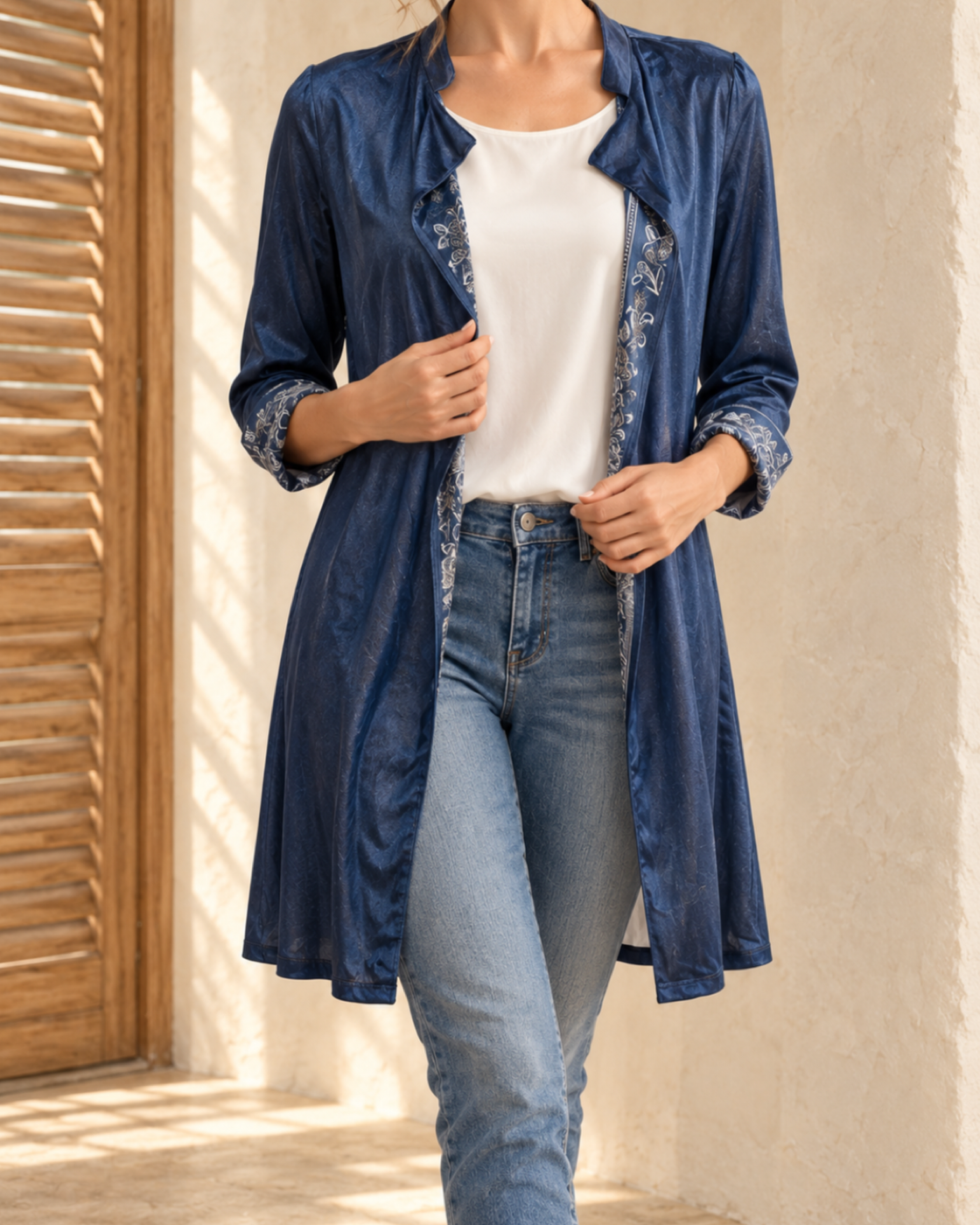 Long Sleeve Solid Color Stitching Lace Pleuche Coat — Navy Blue