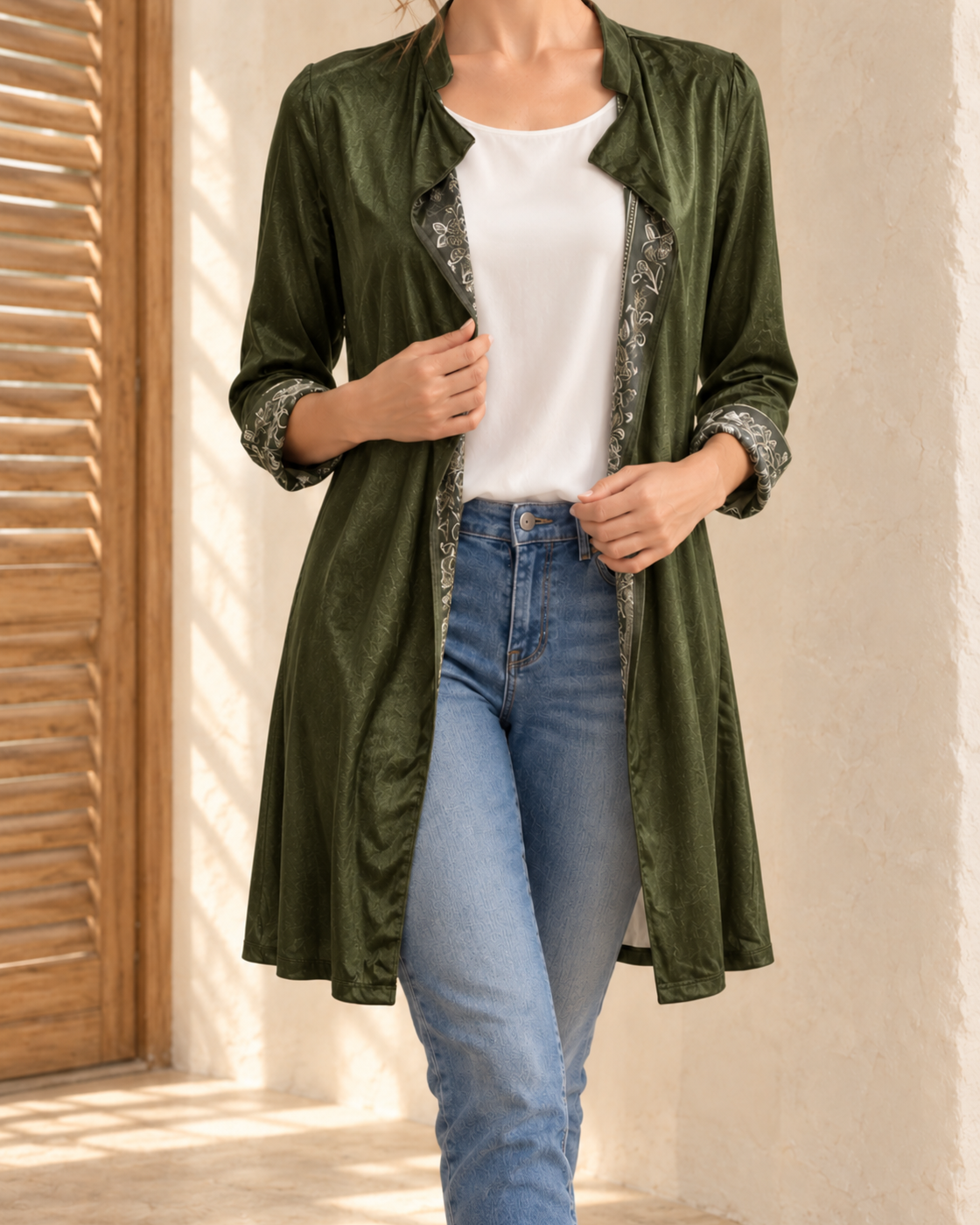 Long Sleeve Solid Color Stitching Lace Pleuche Coat — Olive Green