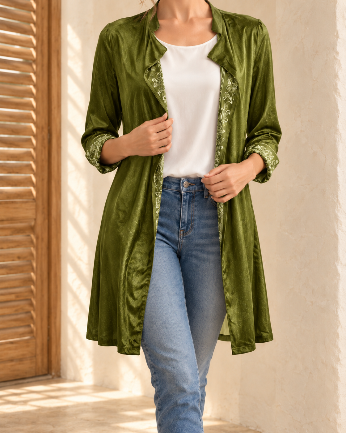 Long Sleeve Solid Color Stitching Lace Pleuche Coat — Olive greenA