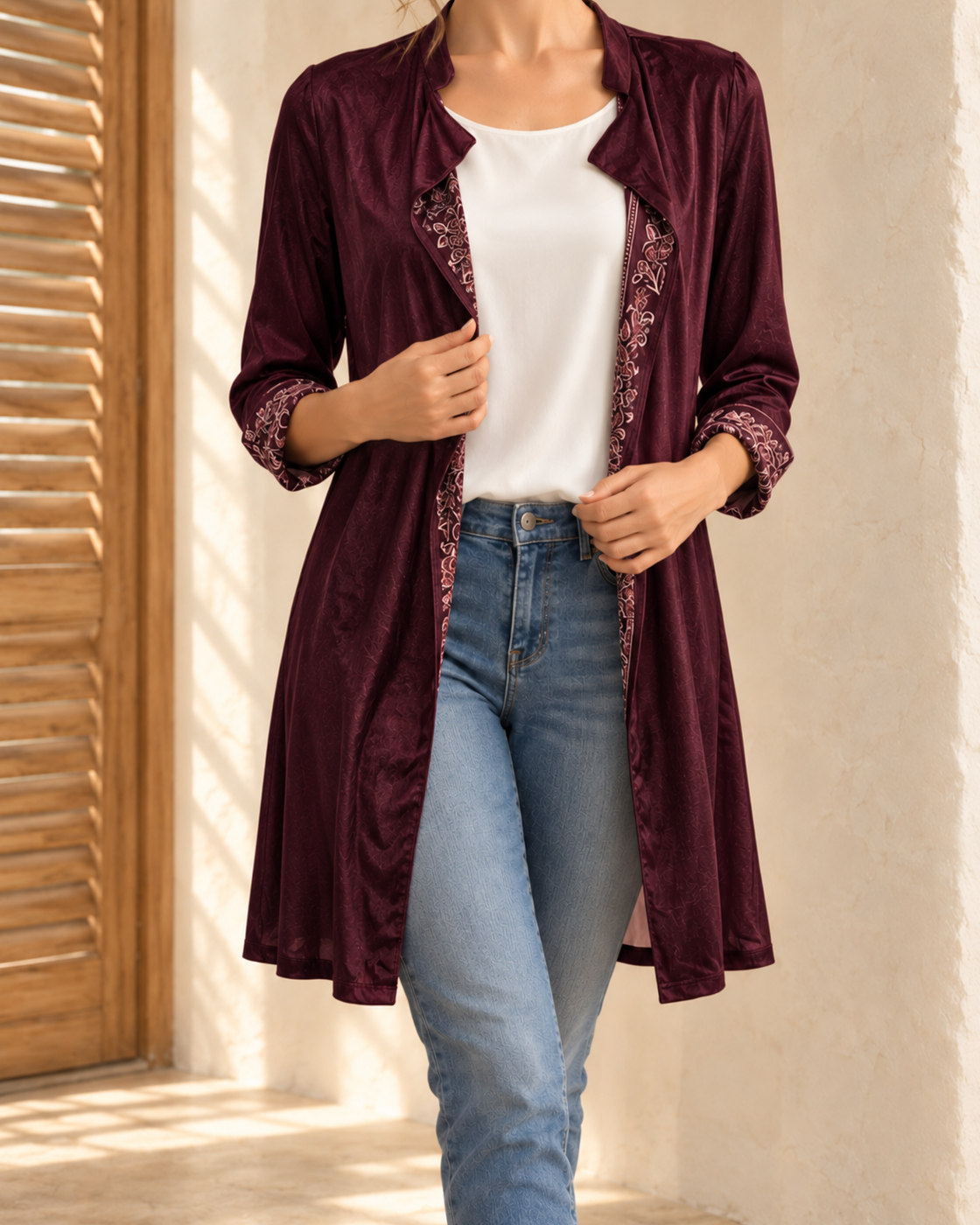 Long Sleeve Solid Color Stitching Lace Pleuche Coat — PURPLE RED