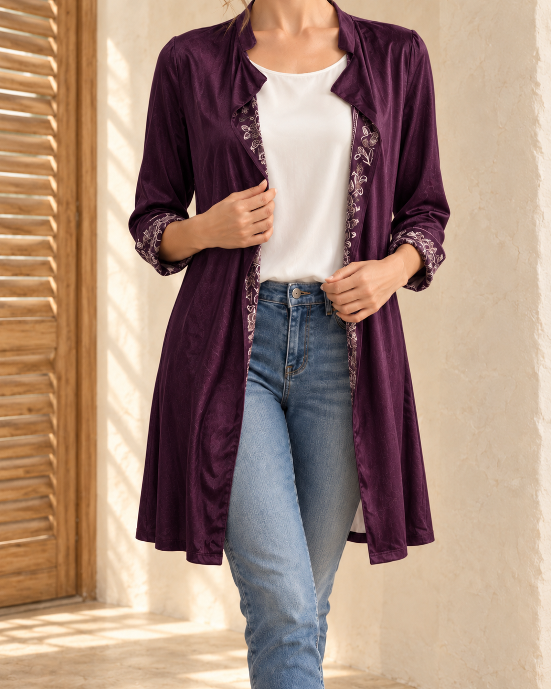Long Sleeve Solid Color Stitching Lace Pleuche Coat — Purple