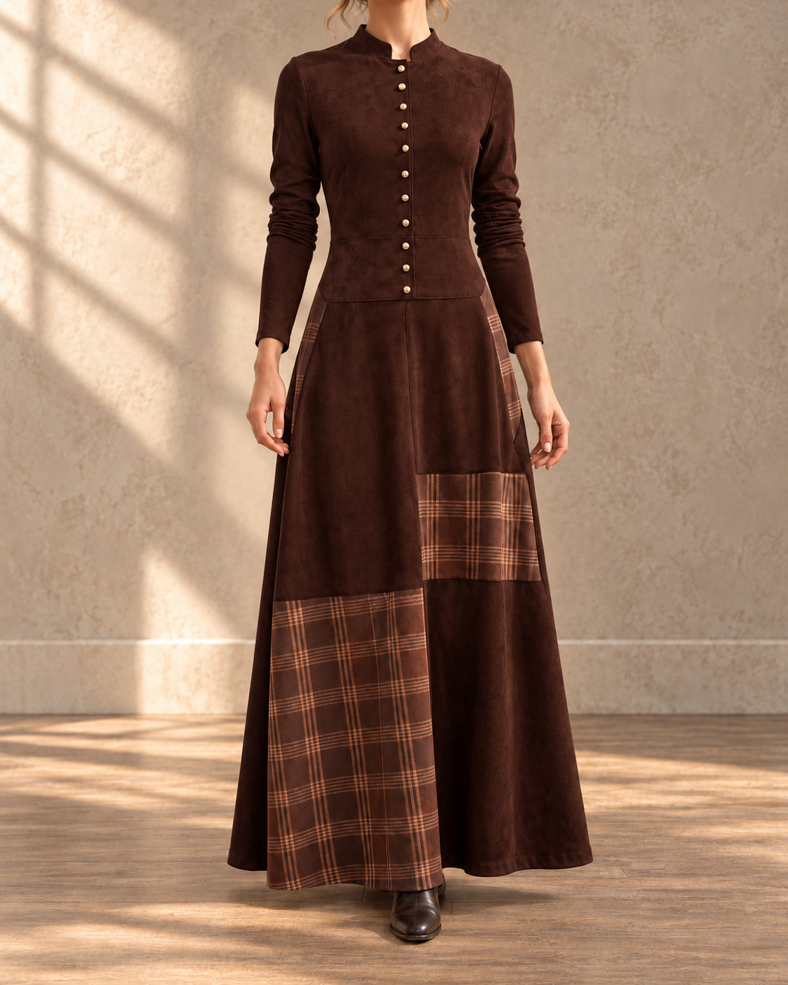 Retro Patchwork Patch Wide Leg Loose Long Sleeve Long Dress — Dark Brown