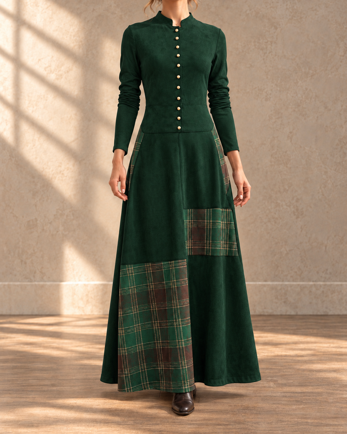 Retro Patchwork Patch Wide Leg Loose Long Sleeve Long Dress — Green