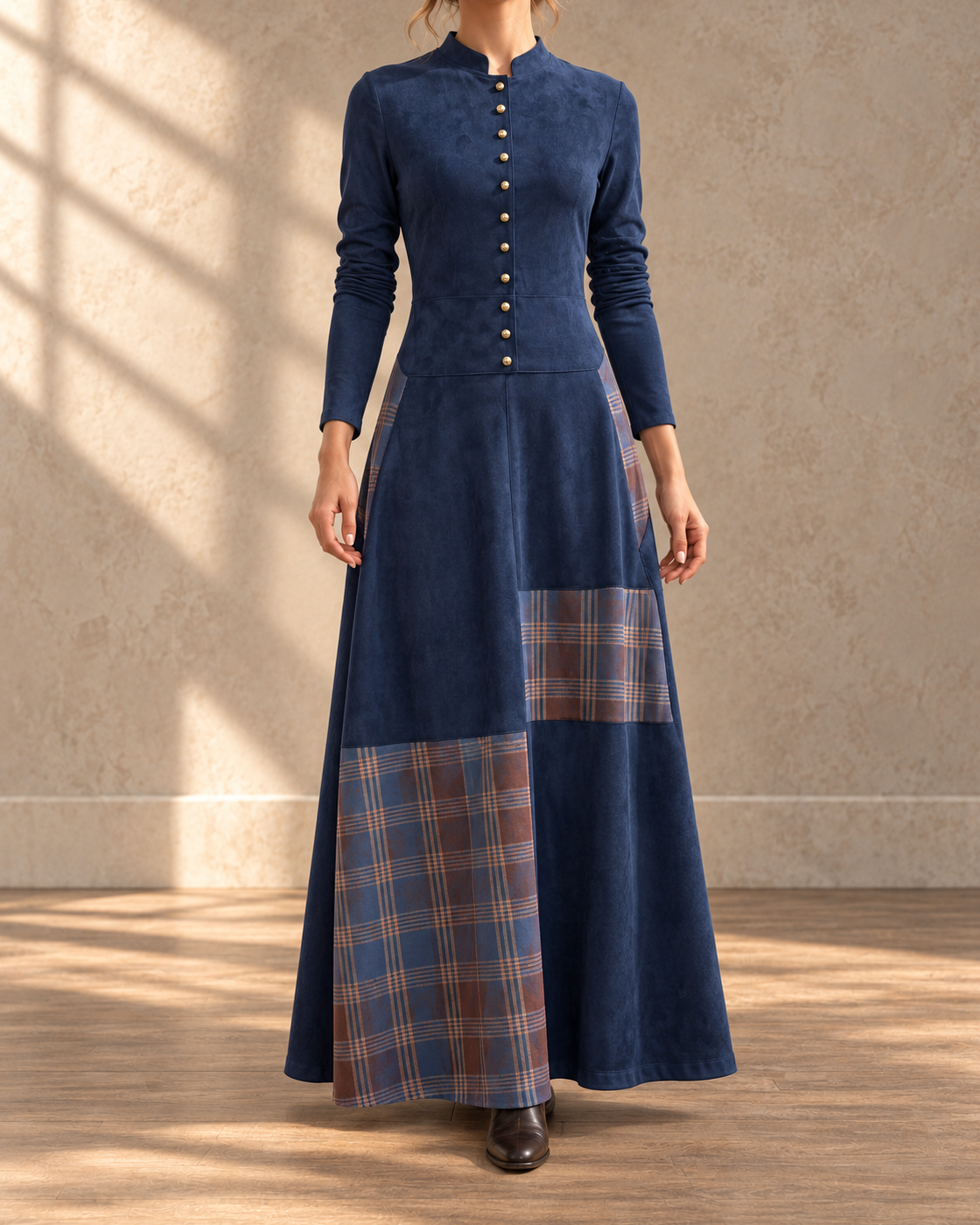 Retro Patchwork Patch Wide Leg Loose Long Sleeve Long Dress — Navy Blue