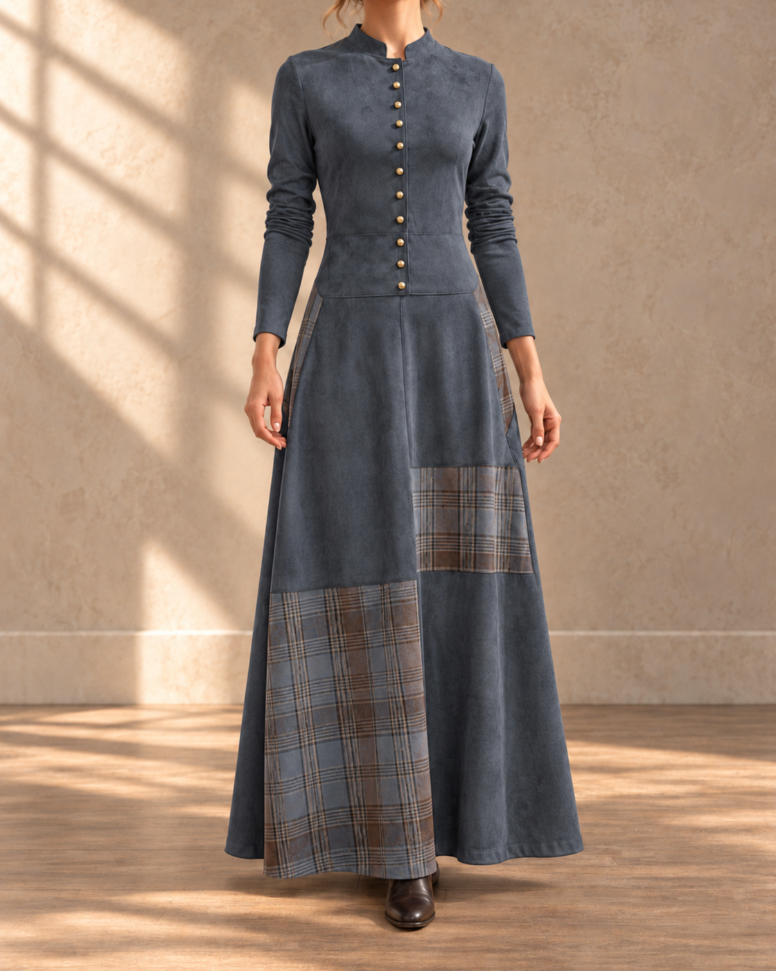 Retro Patchwork Patch Wide Leg Loose Long Sleeve Long Dress — Slabstone Gray