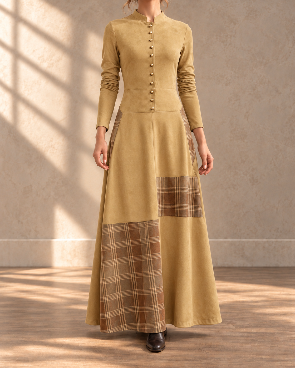 Retro Patchwork Patch Wide Leg Loose Long Sleeve Long Dress — Yellow