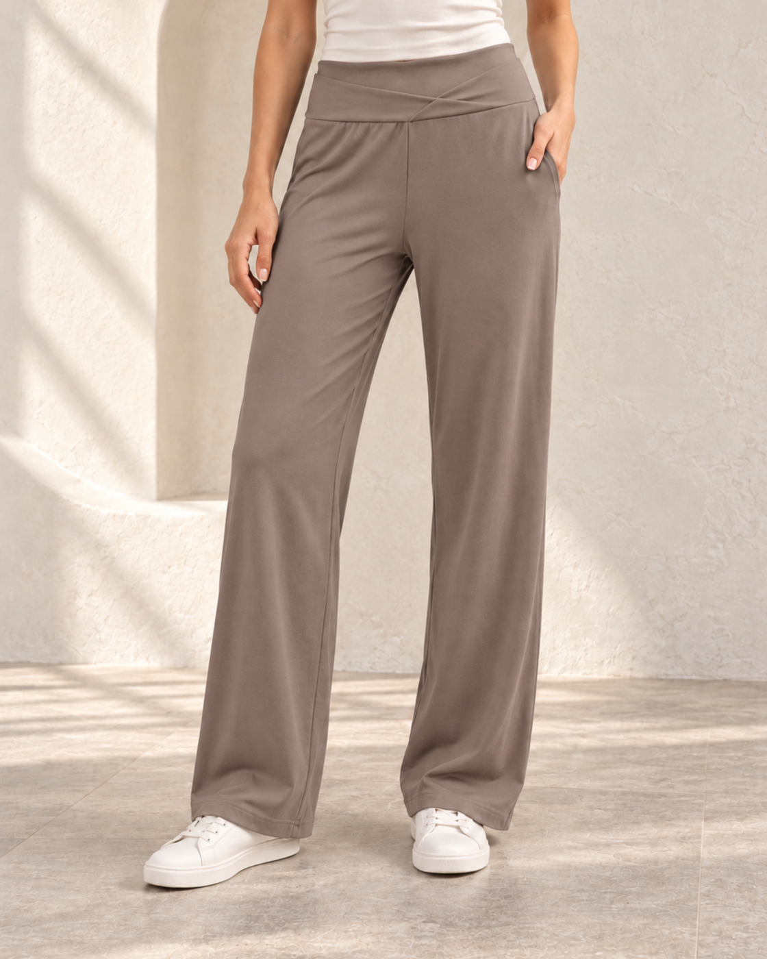 Leisure High Waist Straight Pants Loose Pockets Yoga Pants — Brown