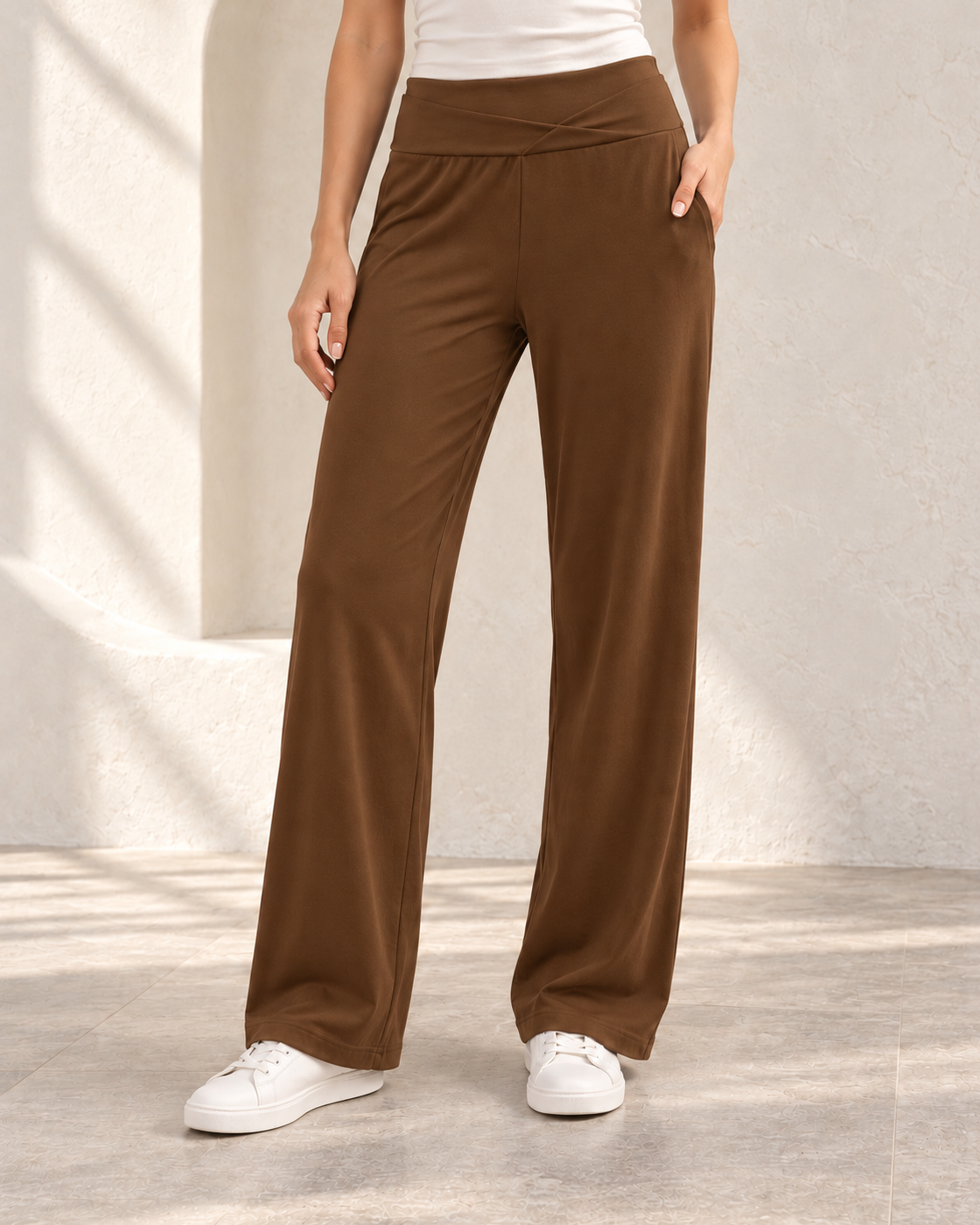 Leisure High Waist Straight Pants Loose Pockets Yoga Pants — Caramel Color