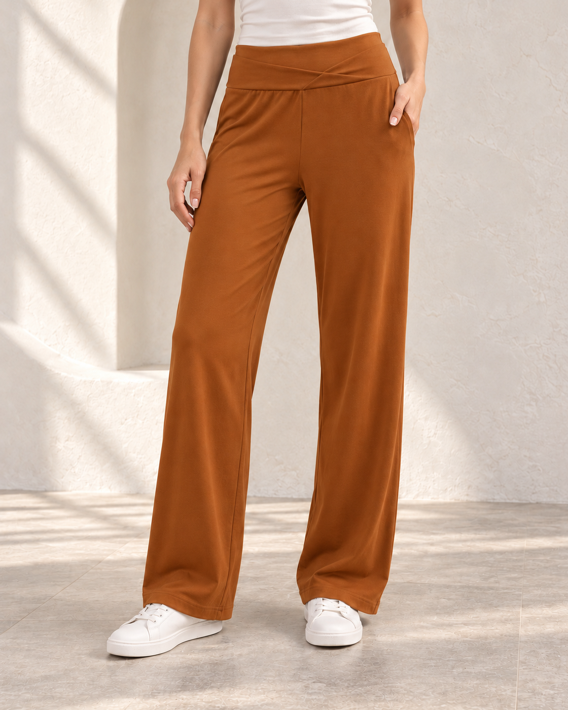 Leisure High Waist Straight Pants Loose Pockets Yoga Pants — Chocolate