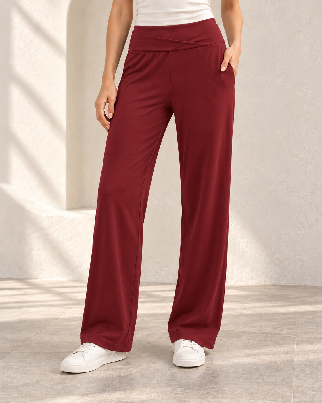 Leisure High Waist Straight Pants Loose Pockets Yoga Pants — Dark Red