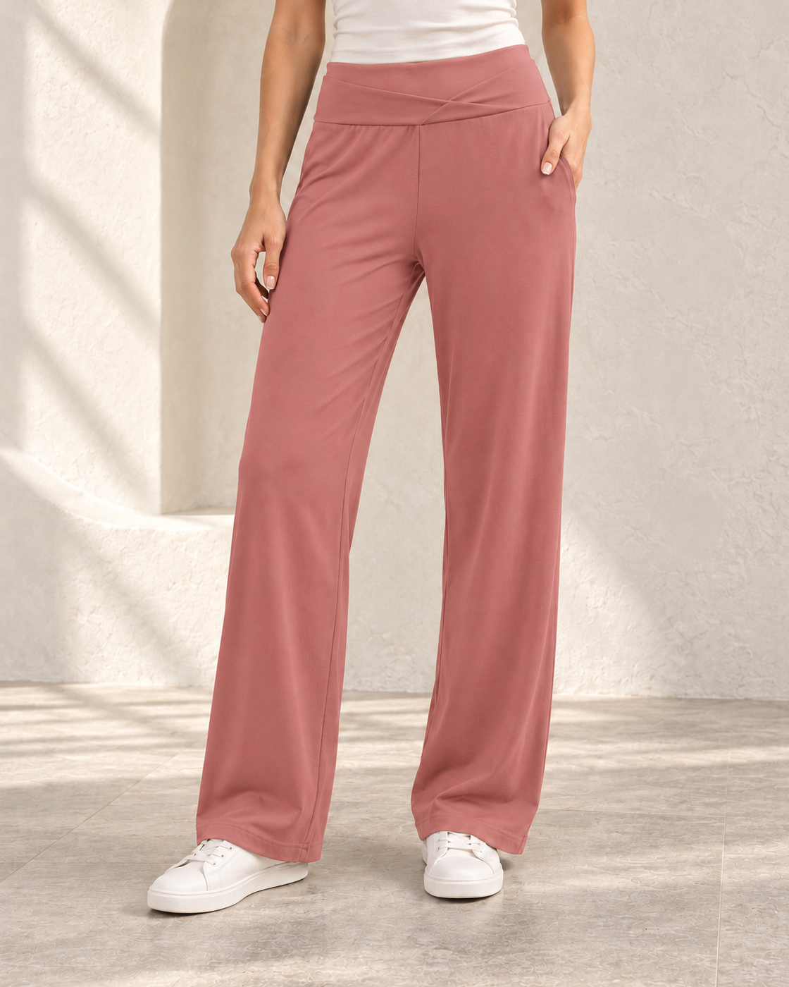 Leisure High Waist Straight Pants Loose Pockets Yoga Pants — Peach