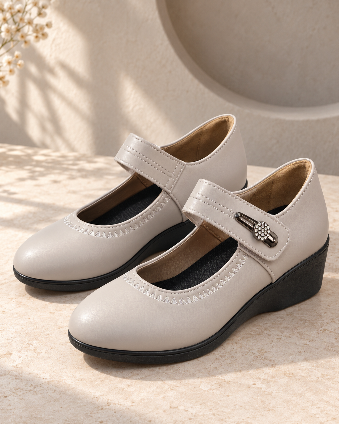 High Quality Soft Bottom Leather Shoes Non-slip Wedge Middle-aged And Elderly Pumps — Beige gray