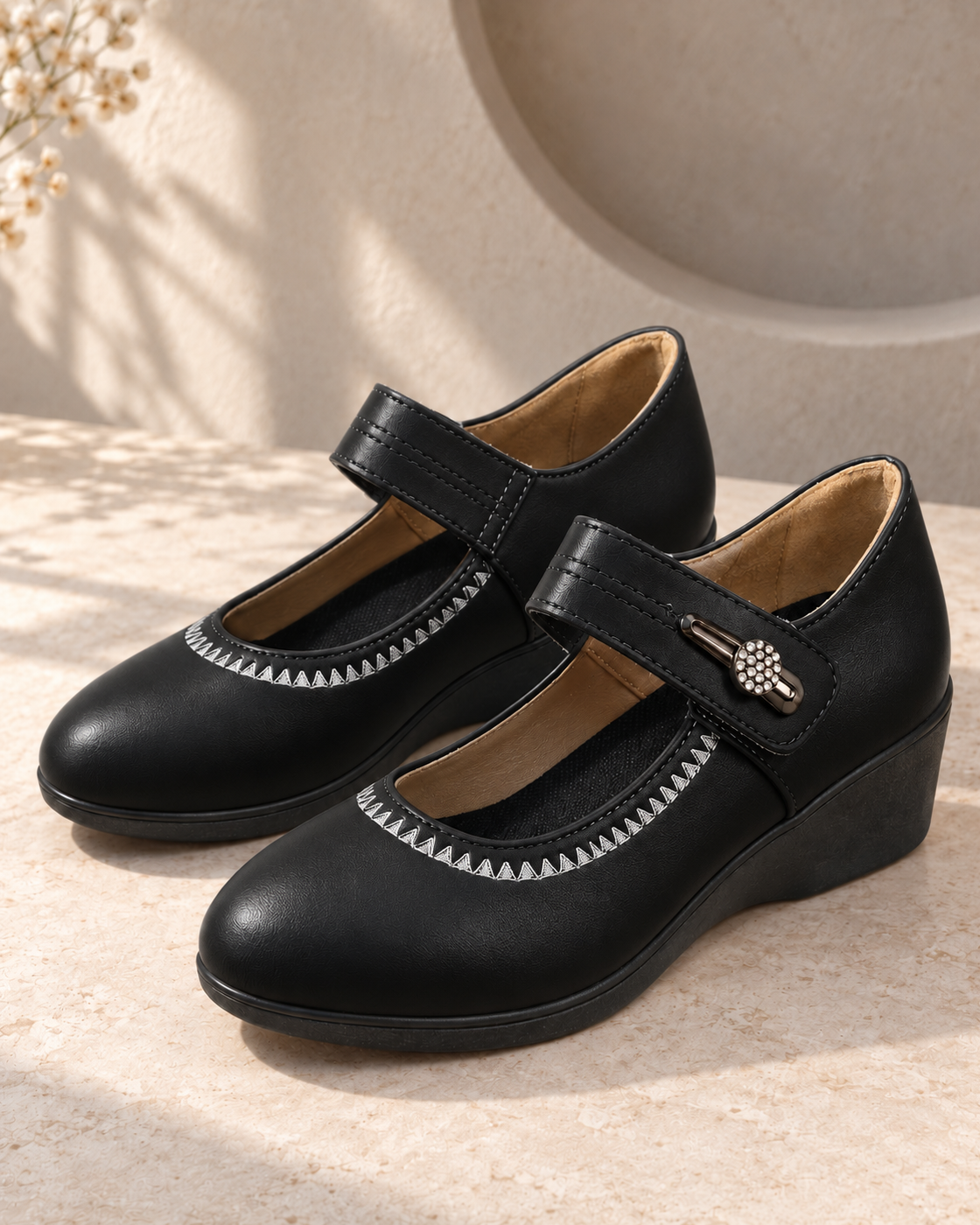 High Quality Soft Bottom Leather Shoes Non-slip Wedge Middle-aged And Elderly Pumps — Black