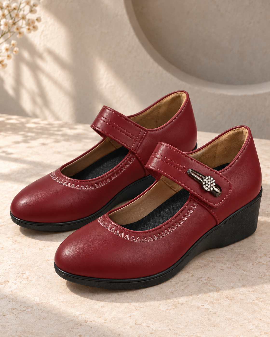 High Quality Soft Bottom Leather Shoes Non-slip Wedge Middle-aged And Elderly Pumps — Wine Red