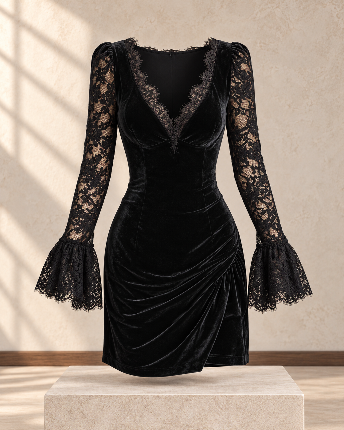 Solid-color Textured Long-sleeve Elegant French-style Dress — Black