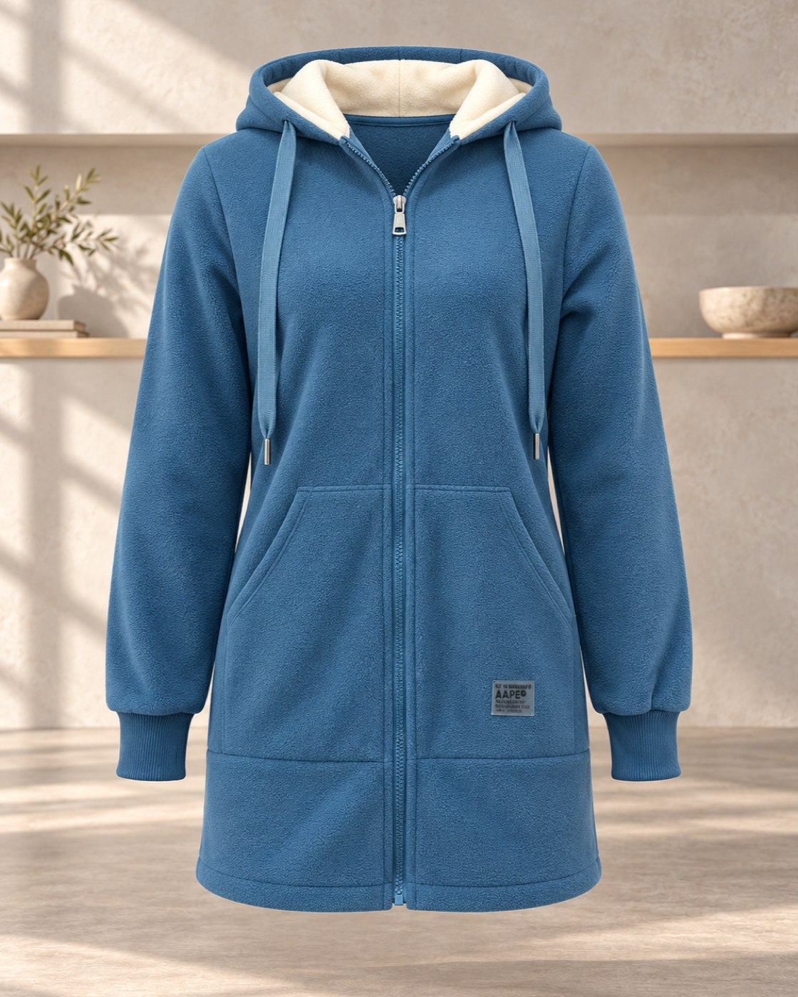 Womens Fleece-Lined Padded Mid-Length Lambswool Coat — Blue