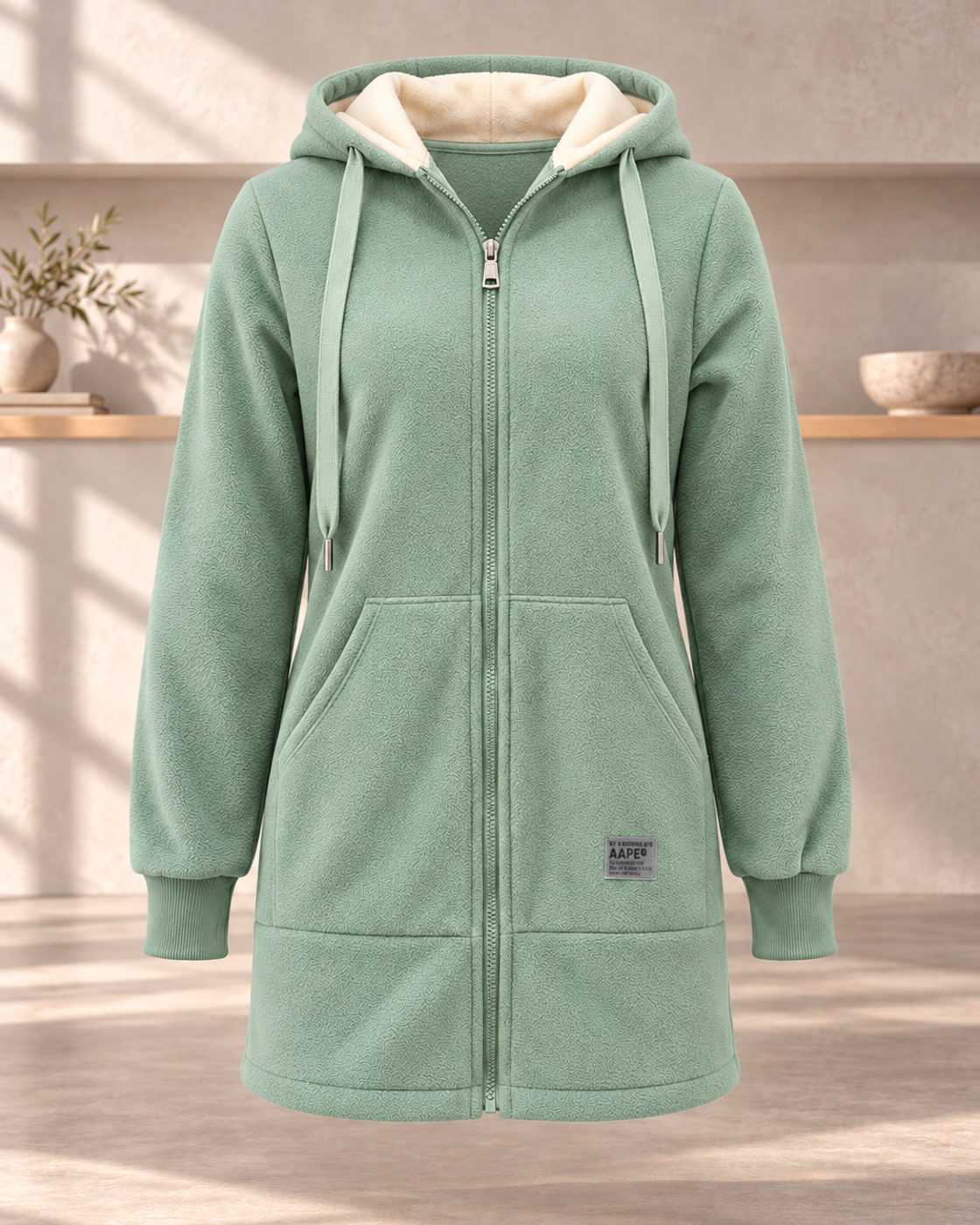 Womens Fleece-Lined Padded Mid-Length Lambswool Coat — Green