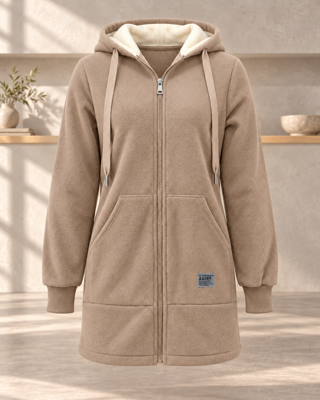 Womens Fleece-Lined Padded Mid-Length Lambswool Coat — Khaki