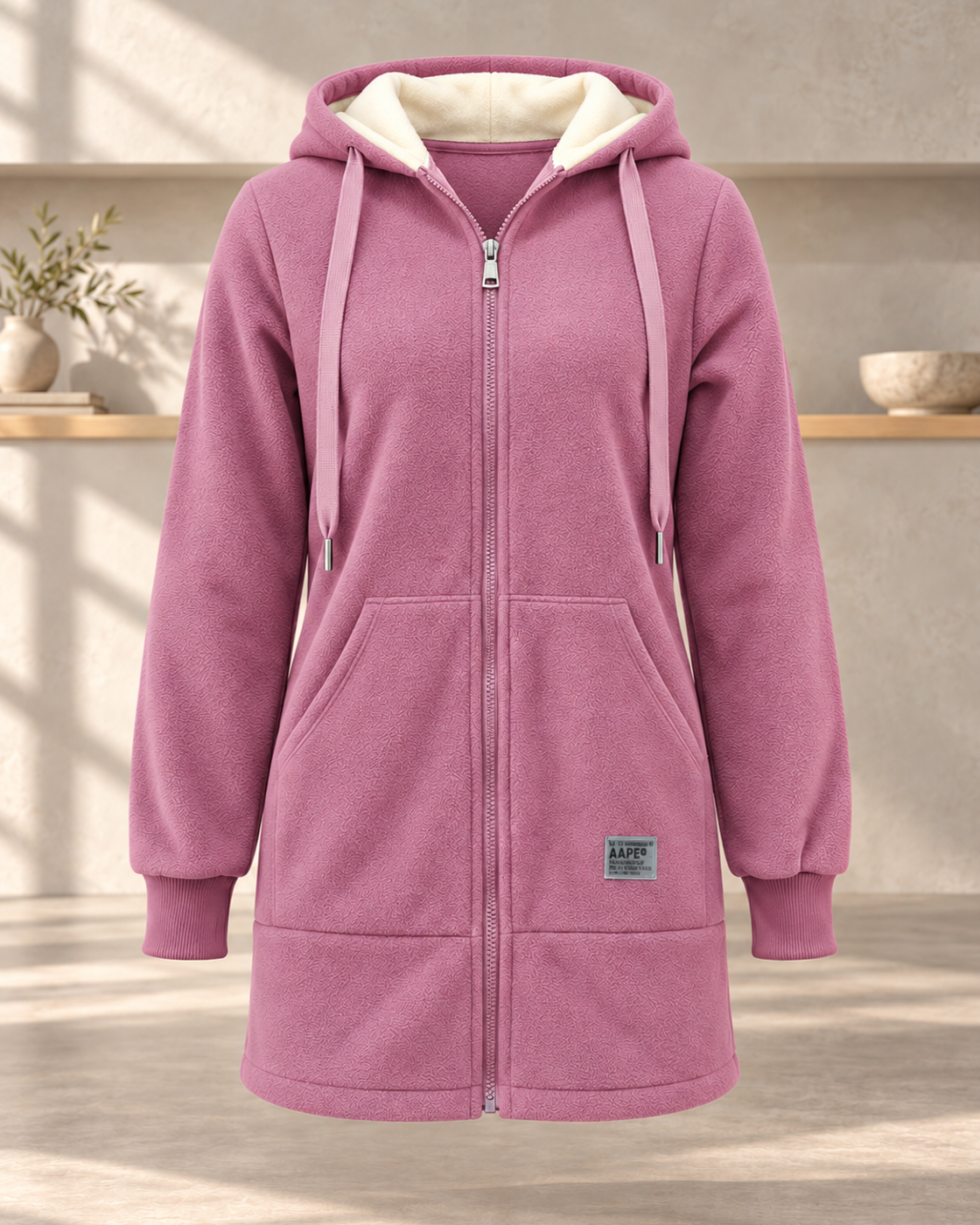 Womens Fleece-Lined Padded Mid-Length Lambswool Coat — Pink