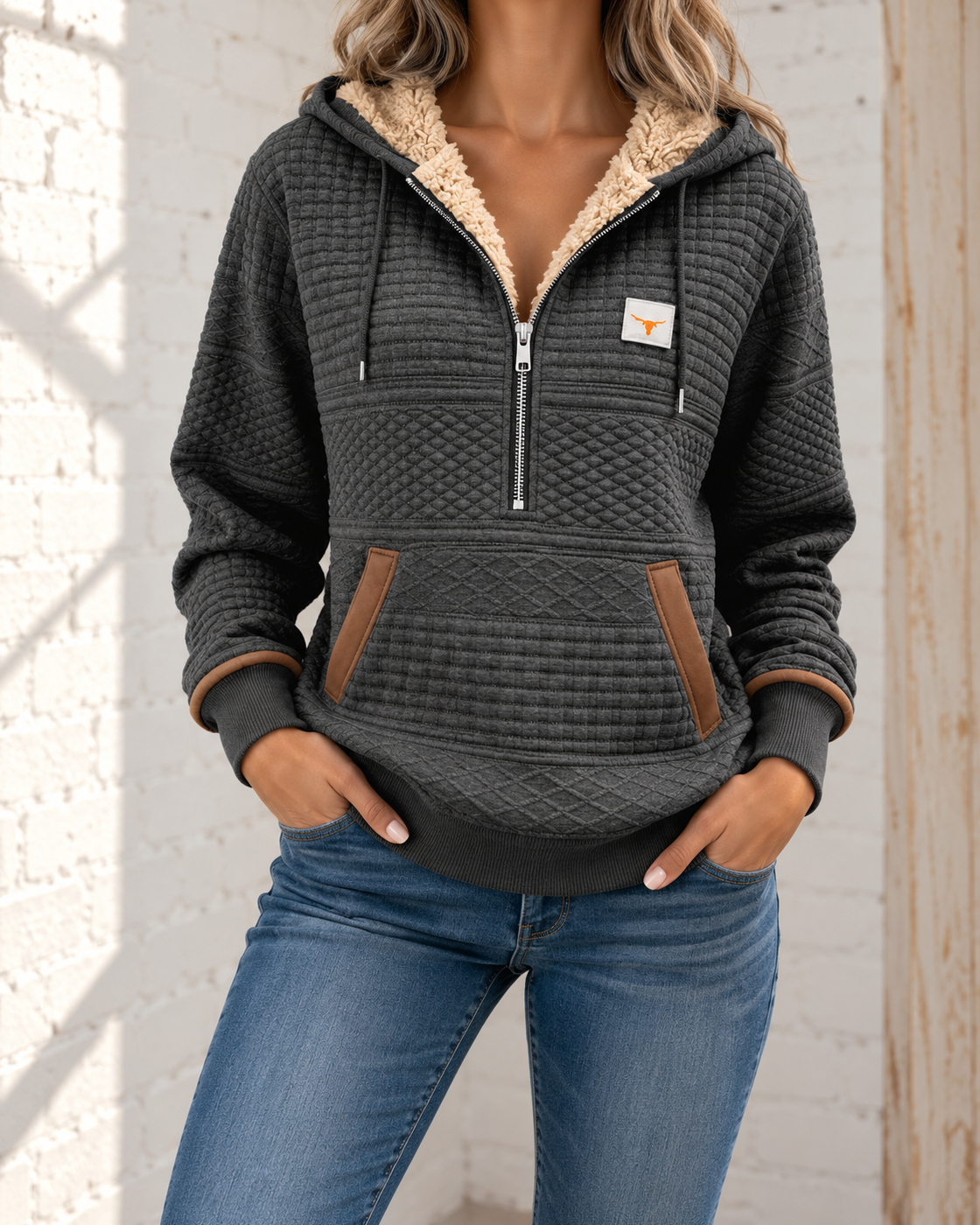 Womens Ethnic-Style Printed Half-Zip Hoodie — Graphite Color