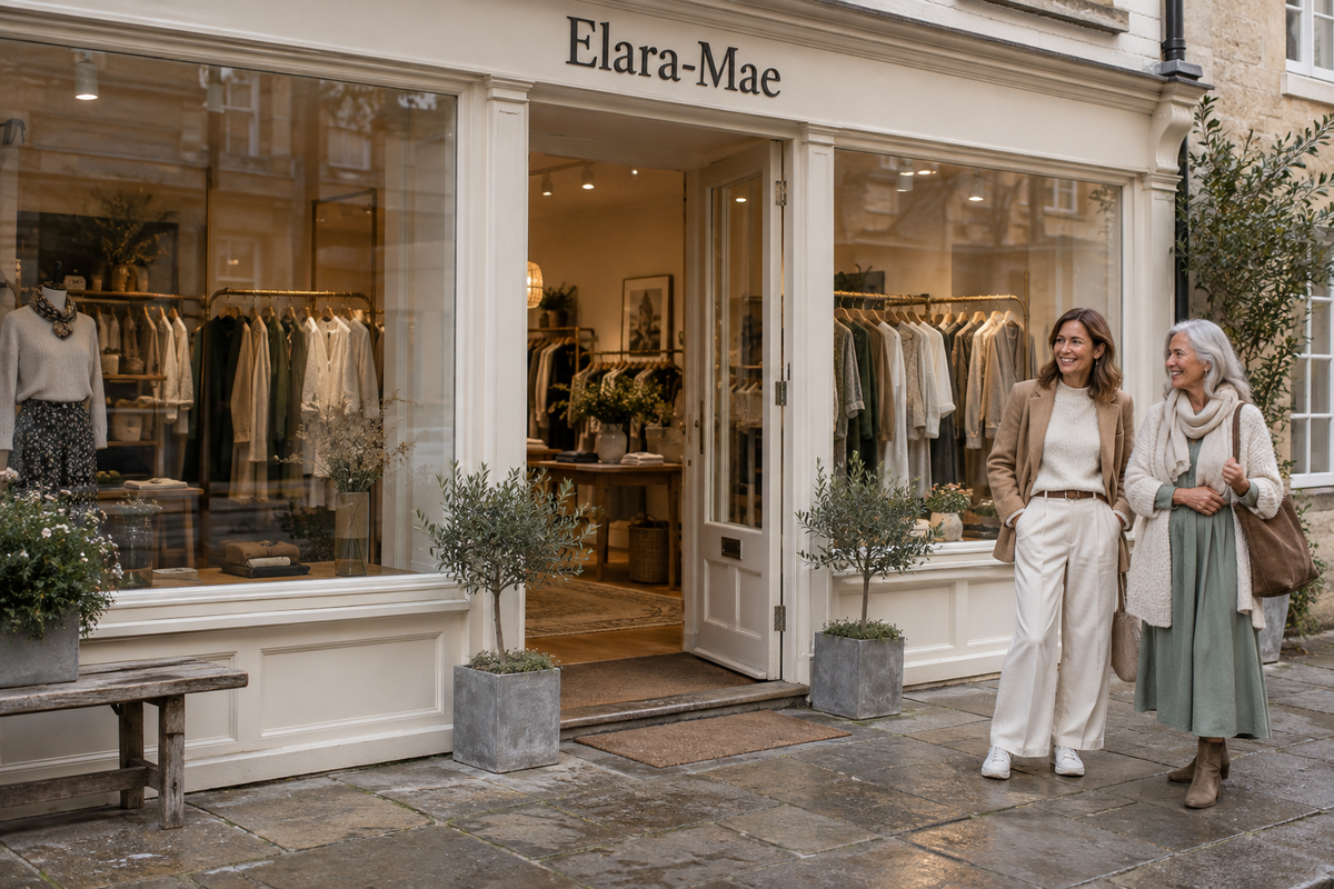 Elara-Mae boutique campaign with two women outside a cream storefront