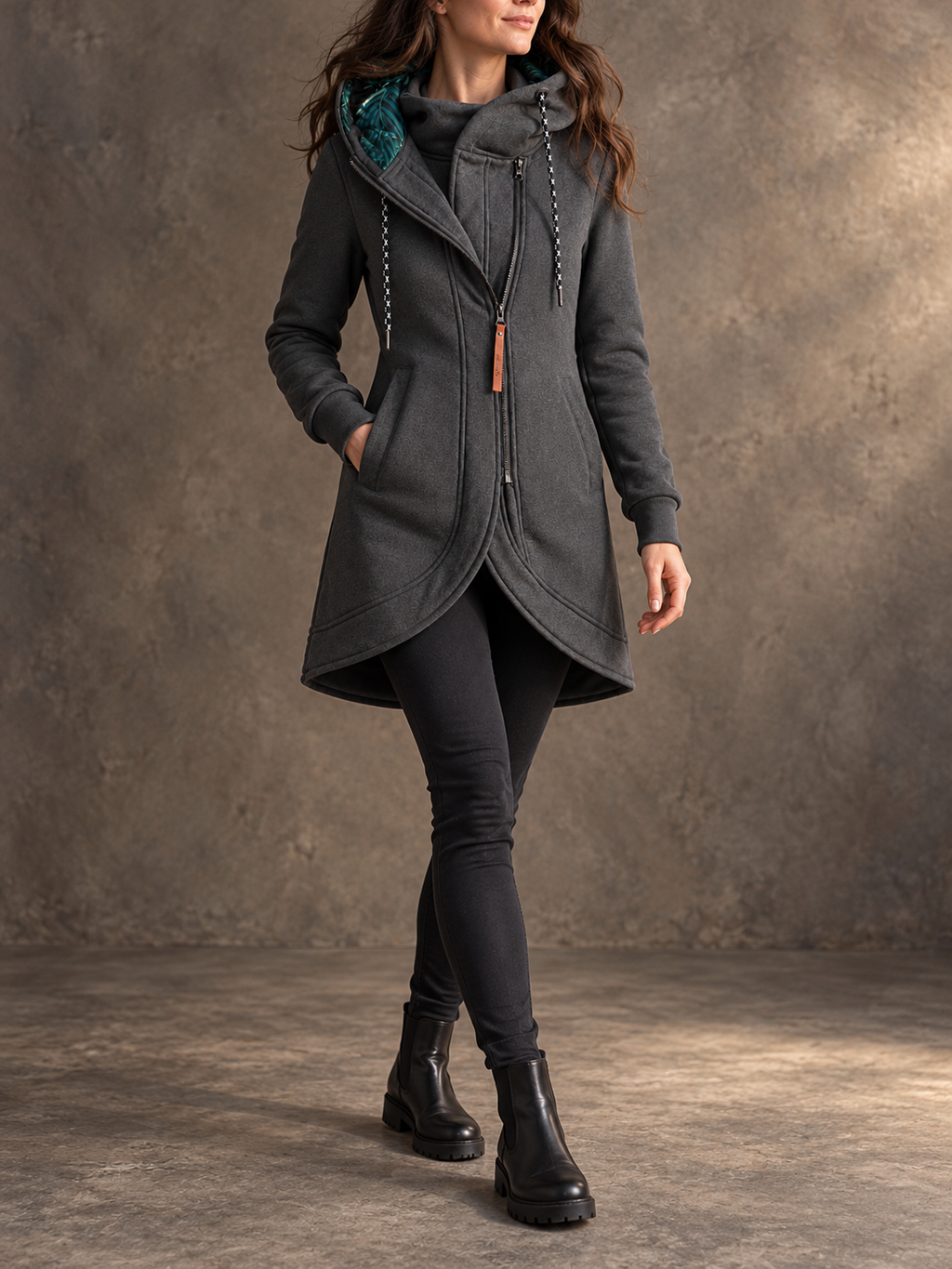 Solid Colour Printed Hooded Long Sleeve Jacket – foto 2