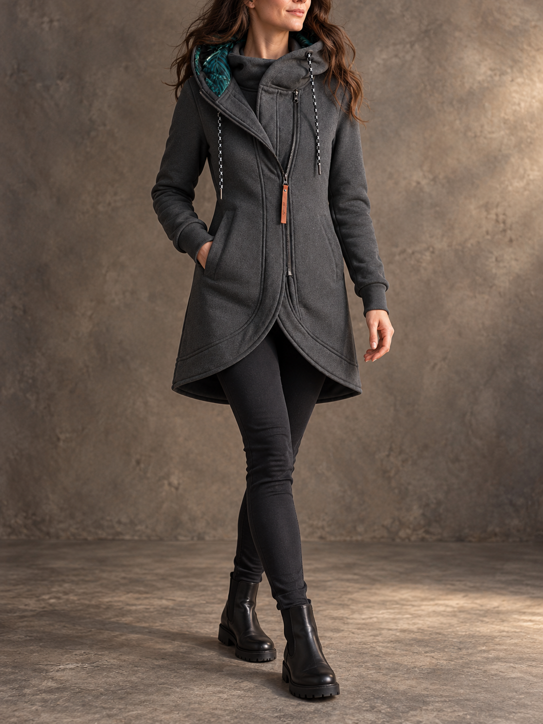 Solid Colour Printed Hooded Long Sleeve Jacket – foto 2